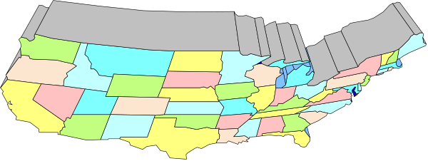 The map shows a stylized representation of the United States with various states highlighted by different colored borders; it is presented in an overlay format on top of another image that appears to be a satellite view from space, showing Earth's curvature and clouds around continents.