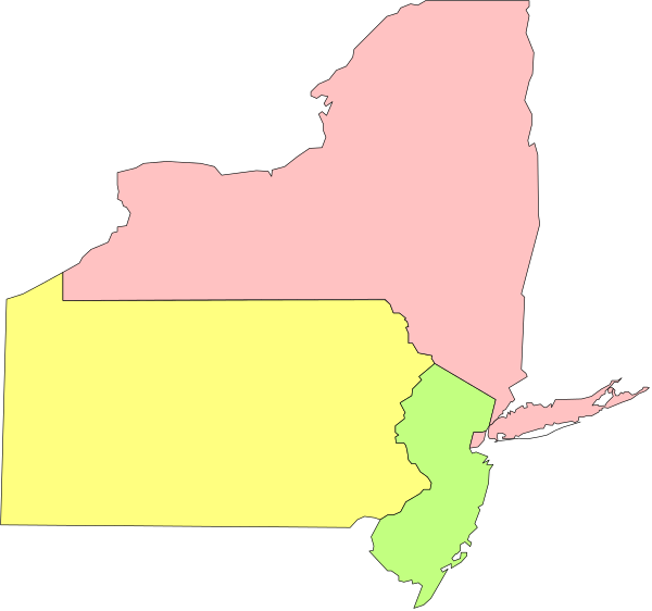 The map shows a stylized representation of New York State with its borders highlighted by different colored lines: pink for Canada to the north; yellow for Pennsylvania in the southwest corner; green for Connecticut on the southeast side, and blue for Vermont across Lake Champlain from Quebec province.