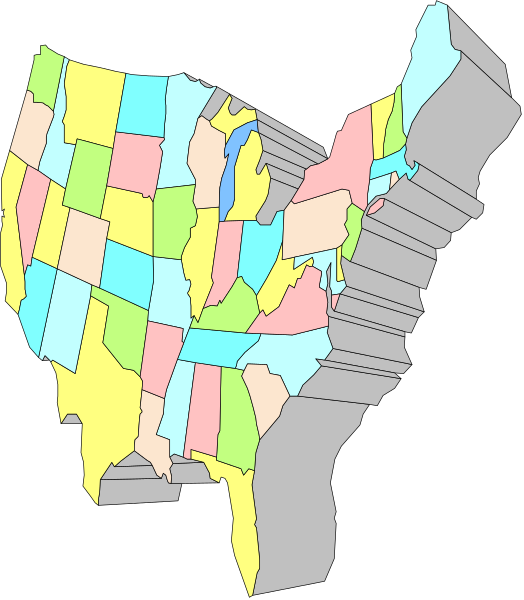 The image shows a stylized map of the United States with each state highlighted by color; it is presented as an illustration rather than photographic representation.