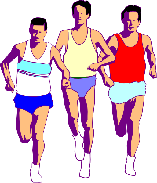 The illustration shows three male runners wearing tank tops with different colored stripes on their chests; each is running in a race-like pose against an indistinct background that does not provide any additional context about setting, time of day, etc., and there's no text present to describe the image.