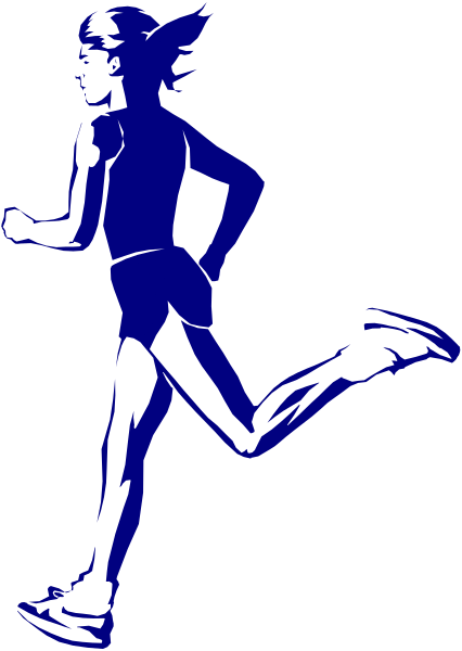 The image shows a blue silhouette of an athlete running on what appears to be a track with their arms outstretched for balance.