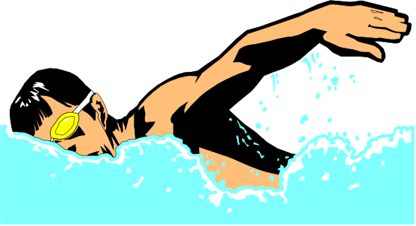 The image shows a person swimming with goggles on their head while wearing black swimwear; it's an animated clip-art illustration set against a dark background that resembles water.