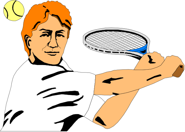 The image shows a man holding a tennis racket on top of his head while standing next to an advertisement for beer in front of him.