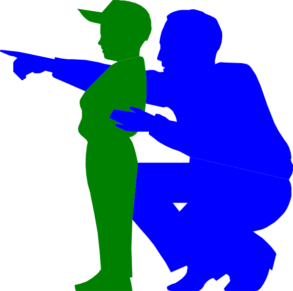 The image shows a colorful silhouette of an adult pointing at something with their right hand while standing behind another figure who appears to be looking upwards towards them; both figures seem to represent humans in different poses, and there is no text present within this small clip-art graphic.