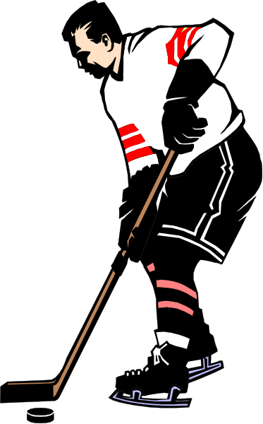 The black and white illustration shows a hockey player holding a stick with his right hand while wearing skates on both feet; he is in mid-action as if gliding across an ice rink.