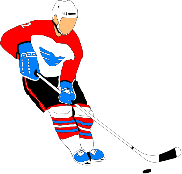 The image shows a hockey player on ice holding a stick with his right hand while wearing protective gear including helmet, gloves, pads, jersey number 12 in red white blue color scheme, skates, and is positioned as if ready to play. He appears focused ahead of him where the viewer's perspective suggests an opponent or goalie out of frame. The background is black with a subtle texture that resembles ice rink surface. There are no visible texts on this image.