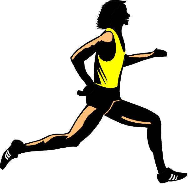 The black and white silhouette of a runner sprinting forward with arms outstretched for balance on what appears to be an athletic track background.