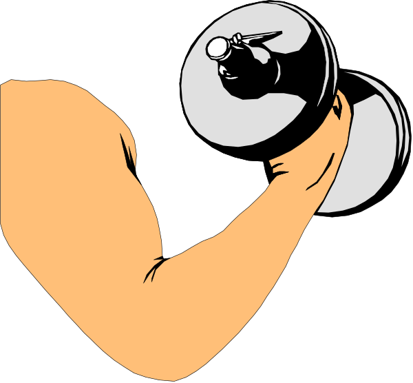 The black and white illustration shows a cartoon arm with an orange wristband flexing its bicep muscle while holding up what appears to be a barbell weight plate above it.