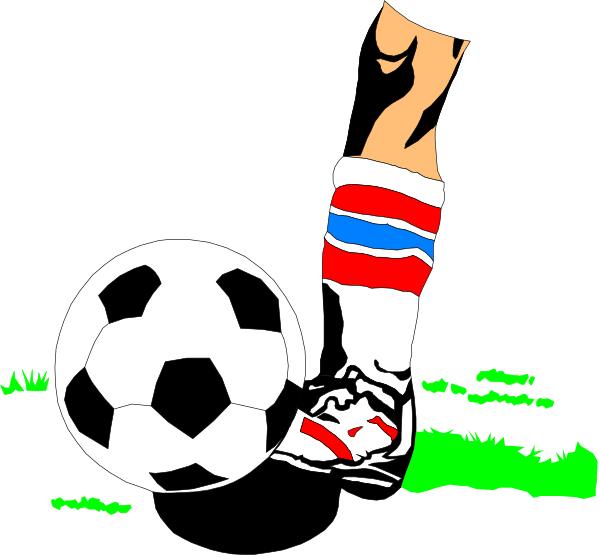 The image shows a soccer ball with cleats on it next to an illustrated leg of someone wearing shorts that have stripes in red white blue pattern; this person is kicking the ball towards the viewer's perspective, and there appears to be grass beneath them.