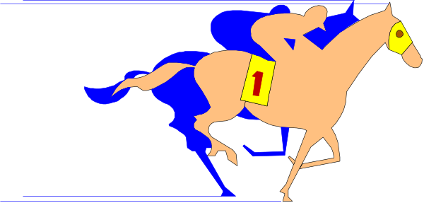 The image shows a horse racing scene with two horses: on top of each other is an orange jockey riding his brown racehorse in front; below them is another blue jockey atop a black racehorse, both galloping towards what appears to be a finish line marked by the number 1. They are set against a dark background that contrasts with their vibrant colors and highlights their movement. The image has an artistic style reminiscent of clip-art graphics commonly used in digital media or presentations for illustrative purposes, often characterized by flat shapes without shading to represent