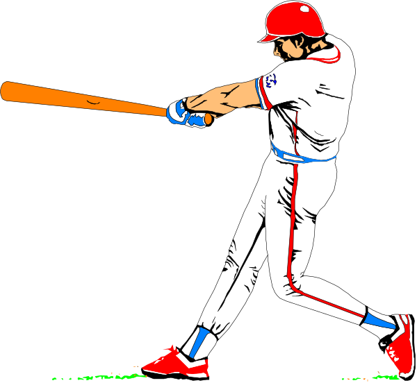 The illustration shows a baseball player swinging at an incoming ball with his bat while wearing a red jersey and white pants; he is also holding two bats in each hand as if ready to hit multiple balls simultaneously, which creates a humorous effect due to repetition of elements within the image.