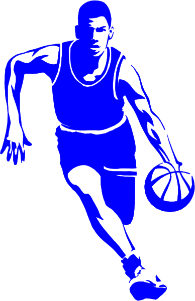 The image shows a blue silhouette of an athlete holding two basketballs while running on what appears to be a court with white lines indicating boundaries for play.