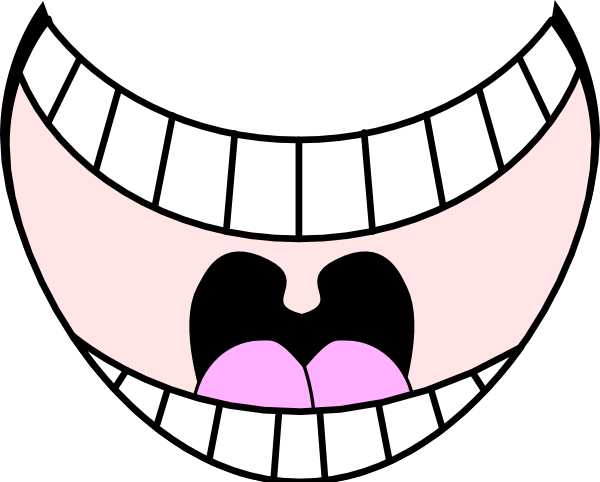 The image shows a cartoon character with an exaggeratedly large mouth displaying two teeth that appear to be missing their enamel coating in one corner of its lower lip.