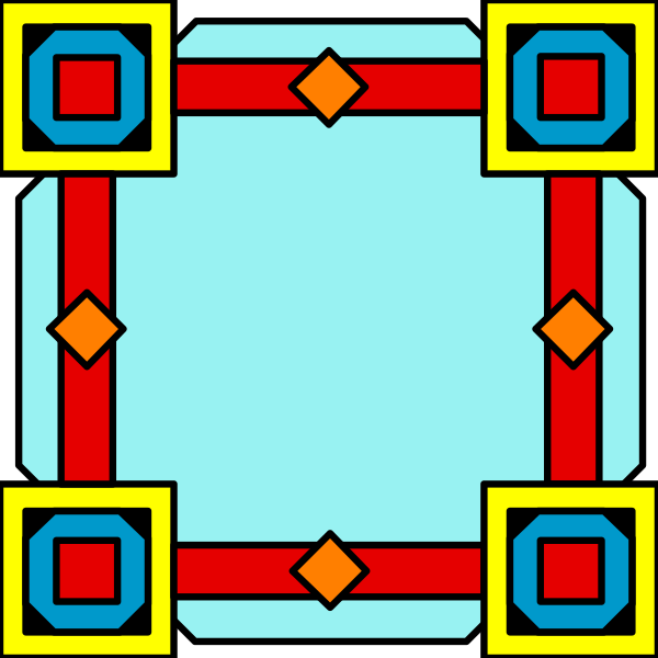 The image shows a stylized graphic of an abstract geometric design with red borders framing four squares filled with different patterns in each corner: one square has diamonds; another is empty blue space; the third contains three circles, and the fourth features two rectangles connected by lines forming a cross.