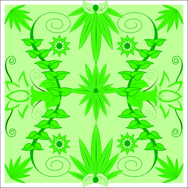 The image shows a green pattern with various plant designs interconnected by stylized leaves on what appears to be fabric or paper backgrounds in two different orientations: one vertical and one horizontal.