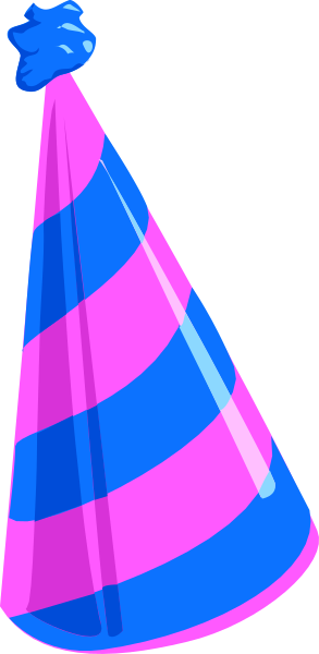 The image shows a colorful birthday party hat with blue stripes on top of it against a gray background.
