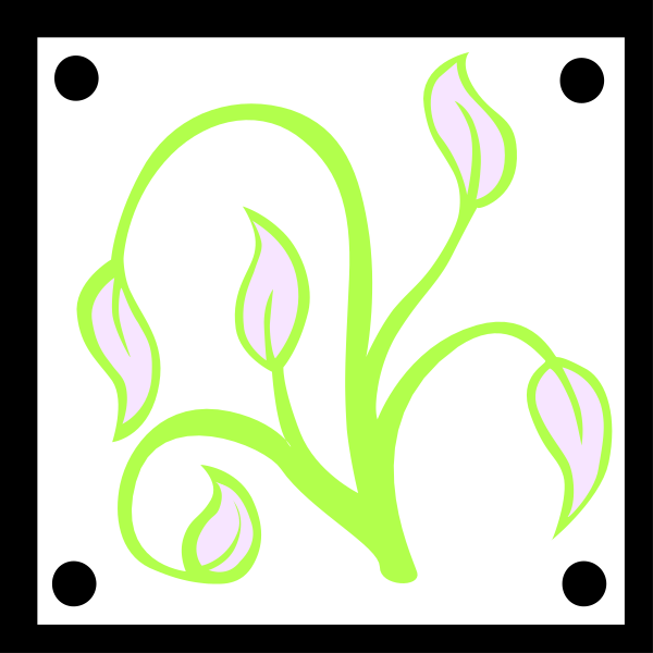 The image shows a stylized illustration of an abstract flower with leaves that resemble tulips against a white background.