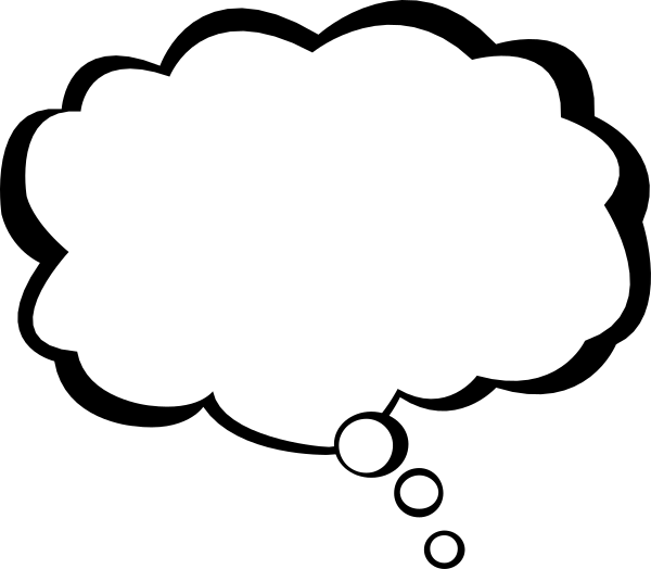 The image shows a black background with white text that reads "THINK" at the top left corner of an empty speech bubble on its side.