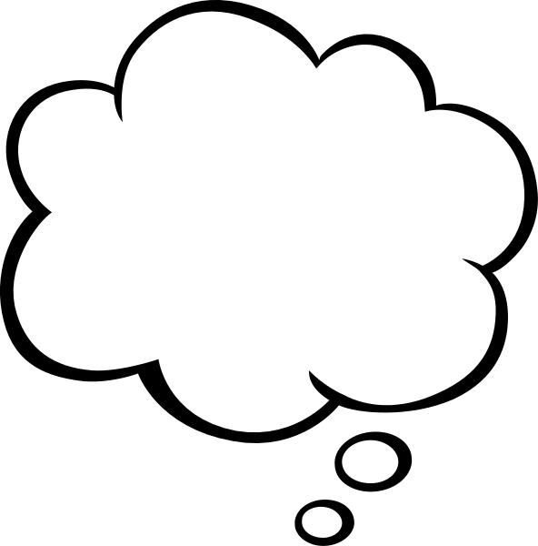 The image shows a black background with two white speech bubbles containing thought balloons; there is no text within these bubbles.