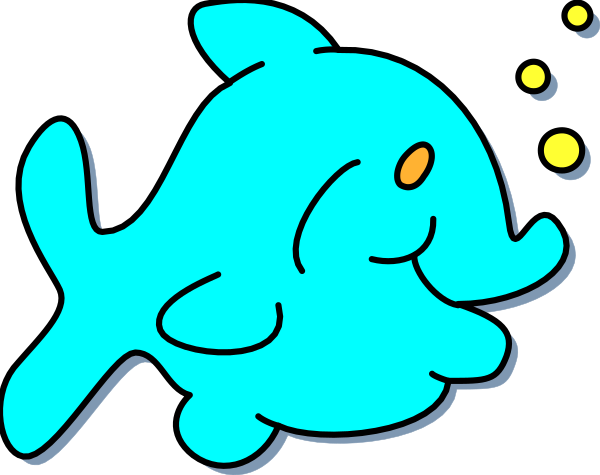 The image shows a cartoon of an animated blue fish with yellow eyes swimming underwater next to bubbles that resemble speech balloons containing text in Japanese characters.