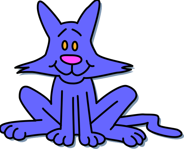 The cartoon depicts a purple cat sitting on its hind legs with an exaggeratedly large smile, looking directly at the viewer in front of it.