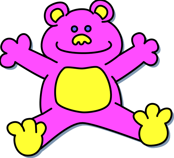 The image shows a purple teddy bear with yellow feet that appears to be jumping out of frame from an unseen position above it.