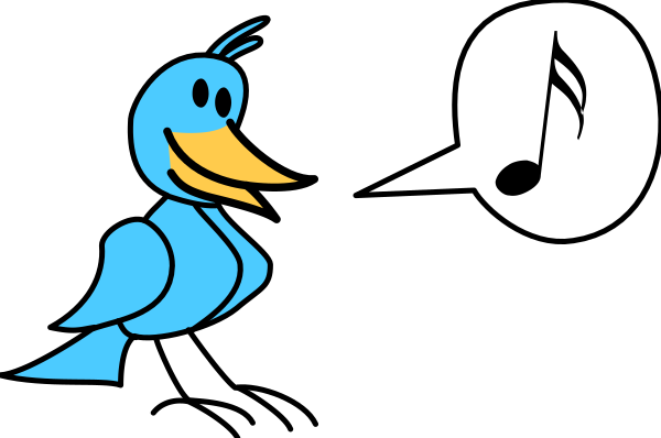The image shows a cartoon bird character with its beak open as if singing, next to sheet music that appears to represent musical notes on staff lines.