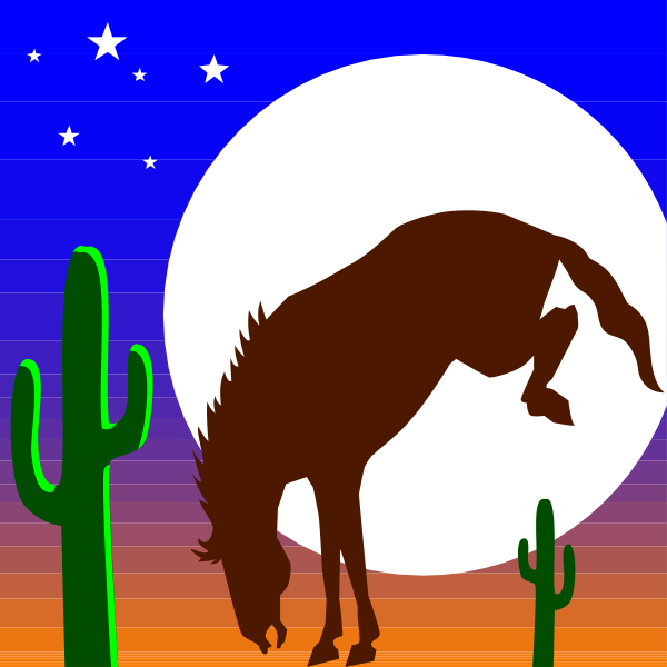 The image features a cartoon horse silhouette galloping under an almost full moon with cacti on either side in front of it against a colorful sky background that includes shades of blue at top, red and orange near bottom, suggesting sunset or dawn.