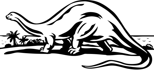 The black and white illustration shows a cartoon dinosaur with its head resting on an island while it appears to be sleeping next to palm trees under what looks like night sky filled with stars.