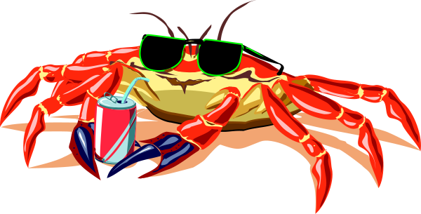 The image shows a cartoon lobster wearing sunglasses with red lenses, holding a can of soda labeled "Red Bull," sitting on top of what appears to be an ice cream cone-shaped object that is colored gray and has two small antennae sticking out from the sides; in front of this scene there's another image or graphic element resembling sunglasses with green lenses, also wearing a red bull can.