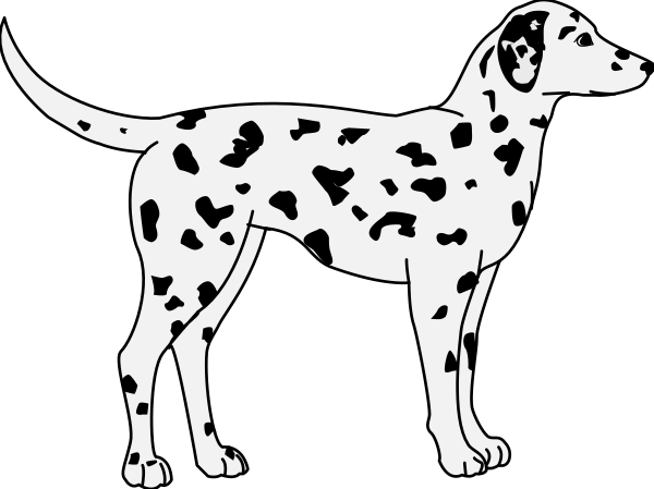 The black and white silhouette of a Dalmatian dog standing on its hind legs with front paws raised as if it's waving at something in mid-air above it.