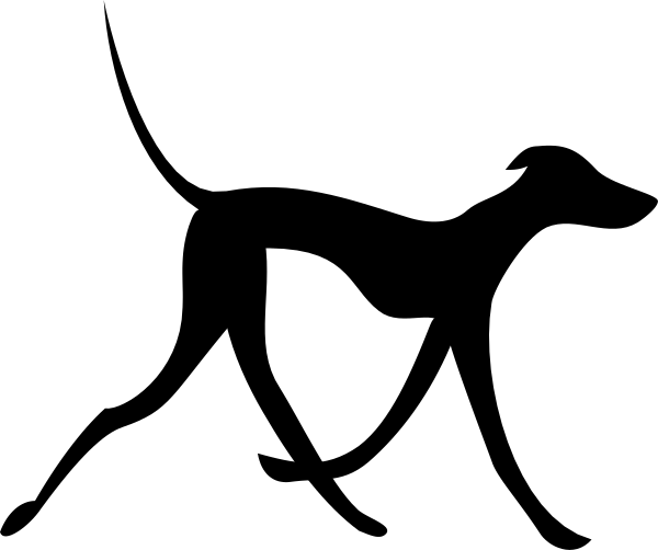 The black and white silhouette of a dog running on its hind legs with front paws raised as if it's walking upright in an abstract background that resembles watercolor brush strokes.