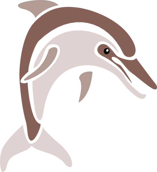 The image shows a cartoon dolphin with pink fins swimming upwards towards an open sky background.