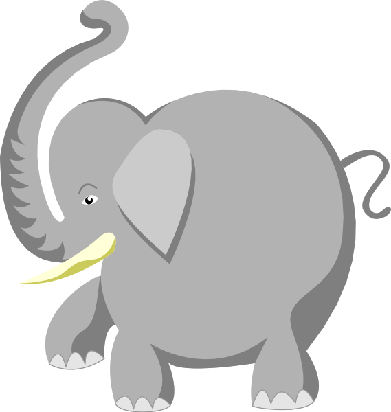 The image shows a cartoon of an elephant with large ears standing on two legs next to another smaller version of itself in profile view.