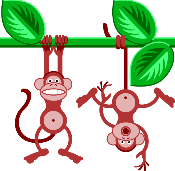 The image shows two cartoon monkeys hanging from a bar with leaves on either side of them against a black background.