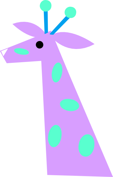 The image shows a pink giraffe with blue spots standing on its hind legs against a black background.