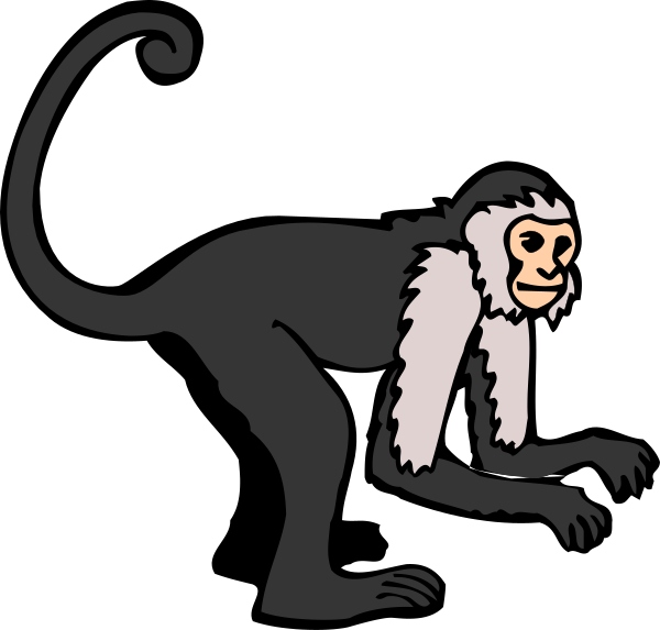 The image shows a cartoon monkey with white fur on its back standing upright against a black background; it has long arms ending in hands that appear to be holding something small at waist level but is unclear what, and there's no visible face due to an overlay of another character or object.