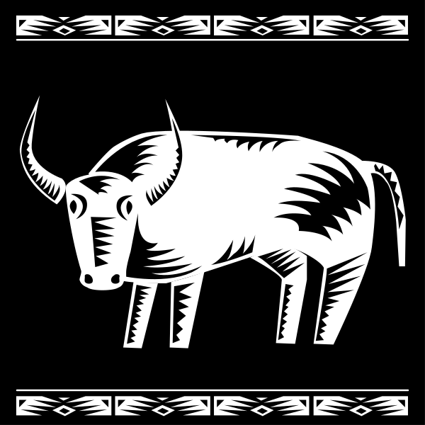 The black and white illustration features a stylized cow with horns standing on what appears to be grass within an enclosed border that has decorative elements resembling tribal patterns at its corners.
