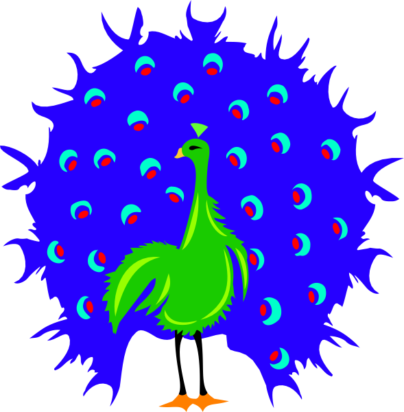 The image shows a cartoon of an ostrich with blue feathers surrounded by peacock eyes on its body in one frame, transitioning to another where it is now standing among many colorful birds that have green and yellow plumage within what appears to be a dark background or space.