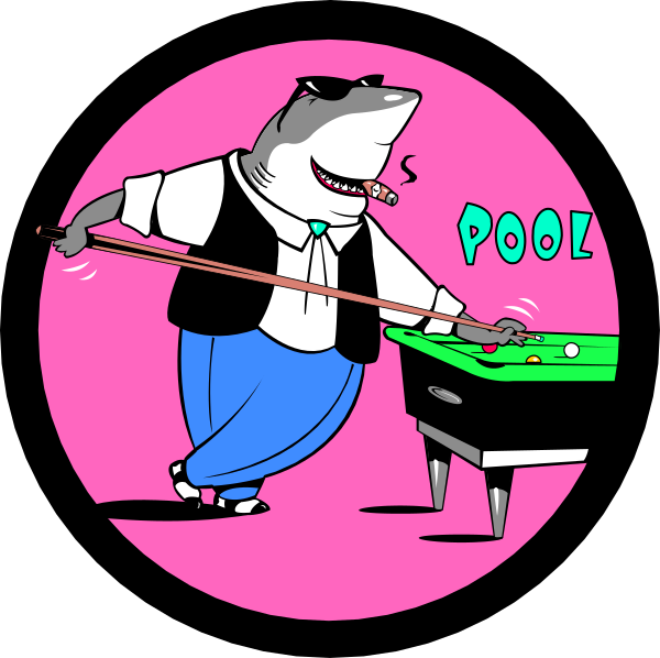 The cartoon depicts a shark character playing pool with cue sticks while wearing sunglasses on its eyes; it is in motion swinging one of them at an unseen ball labeled "POOL."