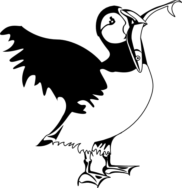 The black and white silhouette of a bird with an open beak on top of what appears to be a fish in water.