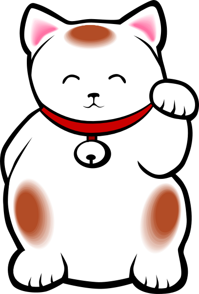The image shows a white cat with pink ears holding up its paw as if waving to someone outside of frame.