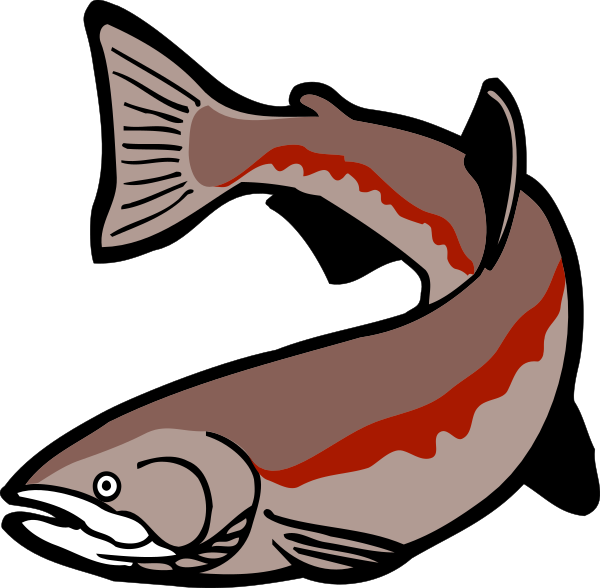 The illustration shows a stylized fish with red fins swimming near another larger grayish fish that appears to be looking at it from below in what seems like an underwater environment against a dark background.