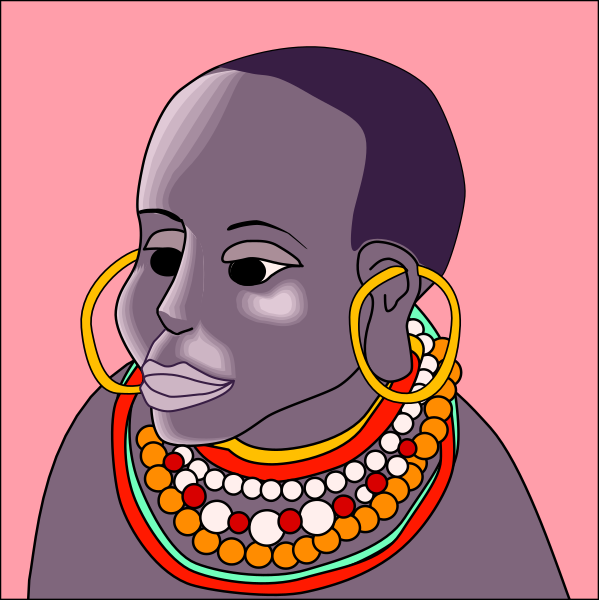 The image shows a stylized cartoon of an African woman with large hoop earrings wearing multiple necklaces around her neck against a pink background.