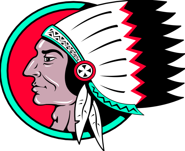 The image shows a stylized graphic of an Indian head with feathers on either side, set against a red background that resembles flames at the bottom edge.