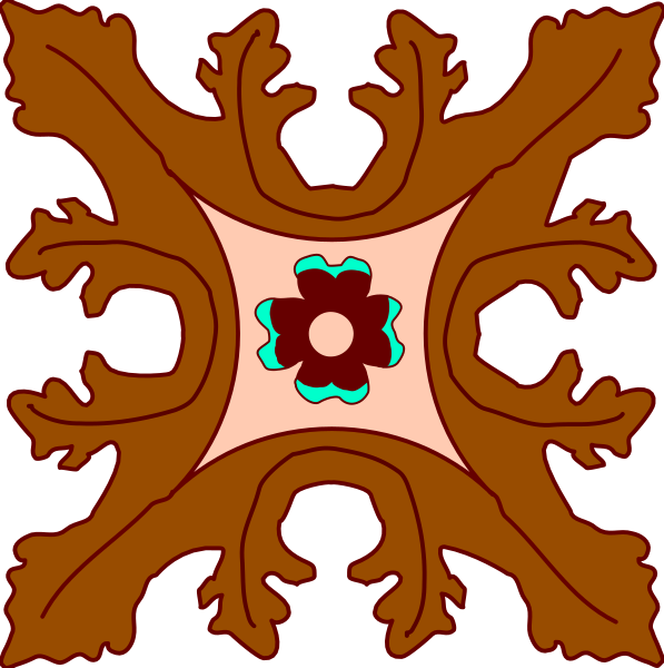 The image shows a symmetrical pattern with an intricate design featuring star shapes at its center surrounded by circular elements that resemble flower petals in shades of brown on a black background.
