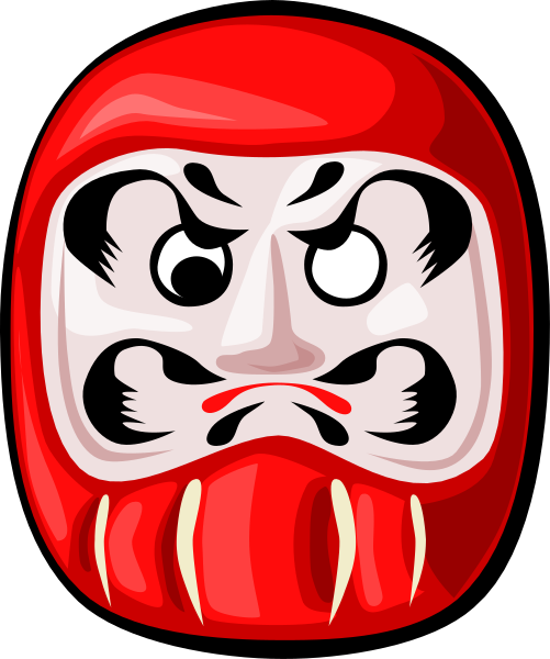 The image shows a stylized cartoon depiction of an Asian mask with red coloring on its face, wearing what appears to be traditional Japanese attire in shades of white and black. It has exaggerated facial features such as large eyes and mouths that give it a playful or caricature-like appearance. The background is plain gray without any additional context provided by the image itself.