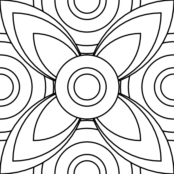 The image shows a black and white design of an intricate pattern with symmetrical elements that resemble stylized flowers or leaves arranged in a circular fashion around what appears to be a central motif featuring two intertwined shapes, possibly representing hands or branches.