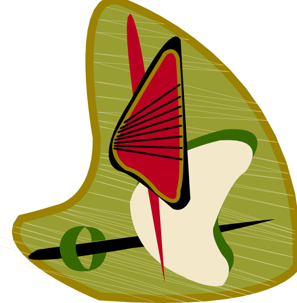 The image shows a stylized graphic of an abstract shape with geometric patterns resembling a three-dimensional object that could be interpreted as either a piece of paper folded into origami form or perhaps some kind of sculpture, featuring red and green shapes within it against a black background.