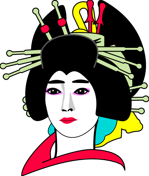 The image features a stylized illustration of an Asian woman with dark hair wearing traditional attire that includes what appears to be a headpiece adorned with red tassels on top; she has white makeup around her eyes and is depicted in profile facing left, looking towards the viewer.